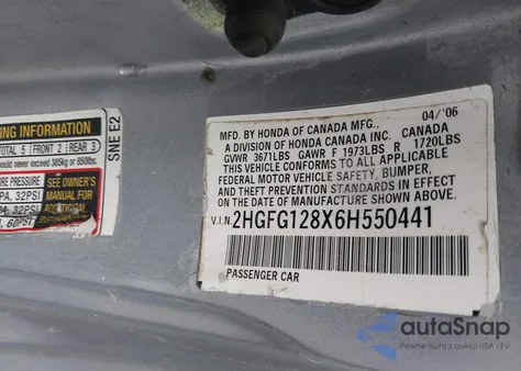 2006 Honda Civic Ex z USA, uszkodzony, nr VIN 2HGFG128X6H550441